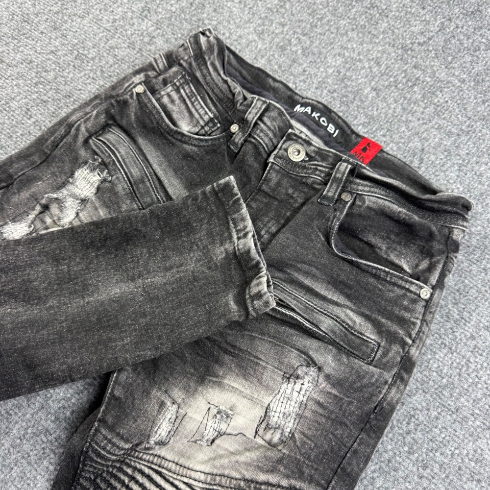 Makobi Biker Jeans Size 12 Black Distressed Moto Denim Pants Mens